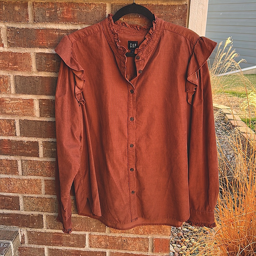 GAP Ladies XL Copper Ruffle Corduroy Button down Shirt